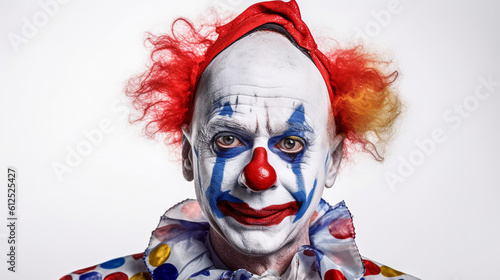 portrait of an old sad clown on a white background, generated by AI
