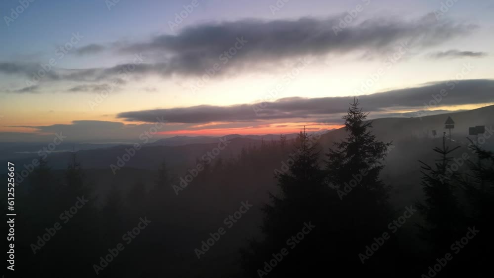 Flying in Fog in the Mountain at Sunrise Flying in Fog in the Mountain at Sunrise