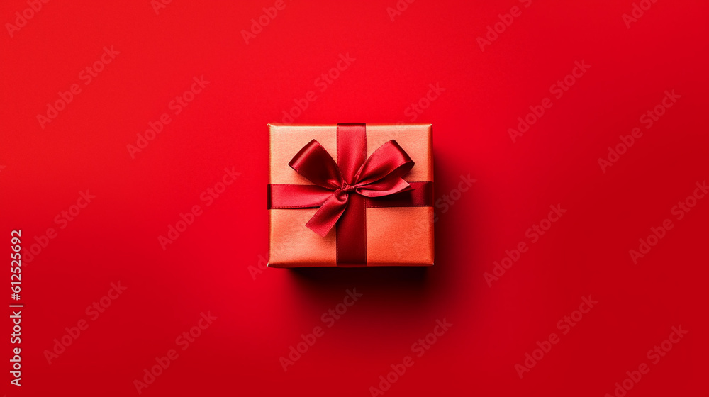 beautiful red square gift box with a red bow in the center on a red background, top view, created by AI beautiful red square gift box with a red bow in the center on a red background, top view, created by AI