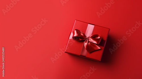 beautiful red square gift box with red bow on side on red background, top view