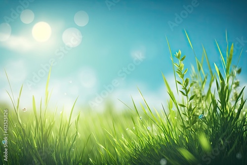 Abstract spring or summer nature backdrop with grass and a stunning sky in the background. Generative AI