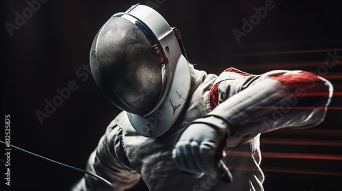 fencer in protective suit while striking on black background, AI generated
