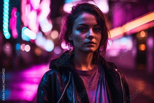 young woman with tousled hair and black leather jacket created with Generative AI technology © StockMedia