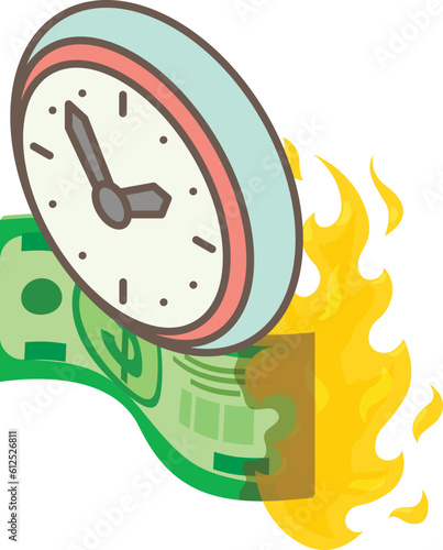 Inflation concept icon isometric vector. Round old clock and burning dollar bill. Money time, financial concept