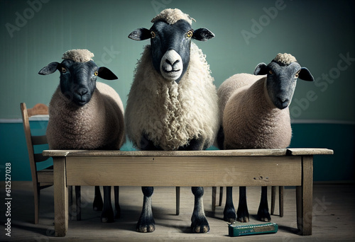 Sheep sit at the school desk. AI Generated