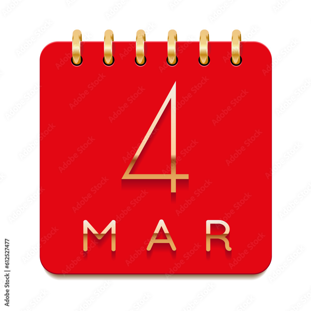 4 day of the month. March. Luxury calendar daily icon. Date day week Sunday, Monday, Tuesday, Wednesday, Thursday, Friday, Saturday. Gold text. Red paper. Vector illustration. 4 day of the month. March. Luxury calendar daily icon. Date day week Sunday, Monday, Tuesday, Wednesday, Thursday, Friday, Saturday. Gold text. Red paper. Vector illustration.