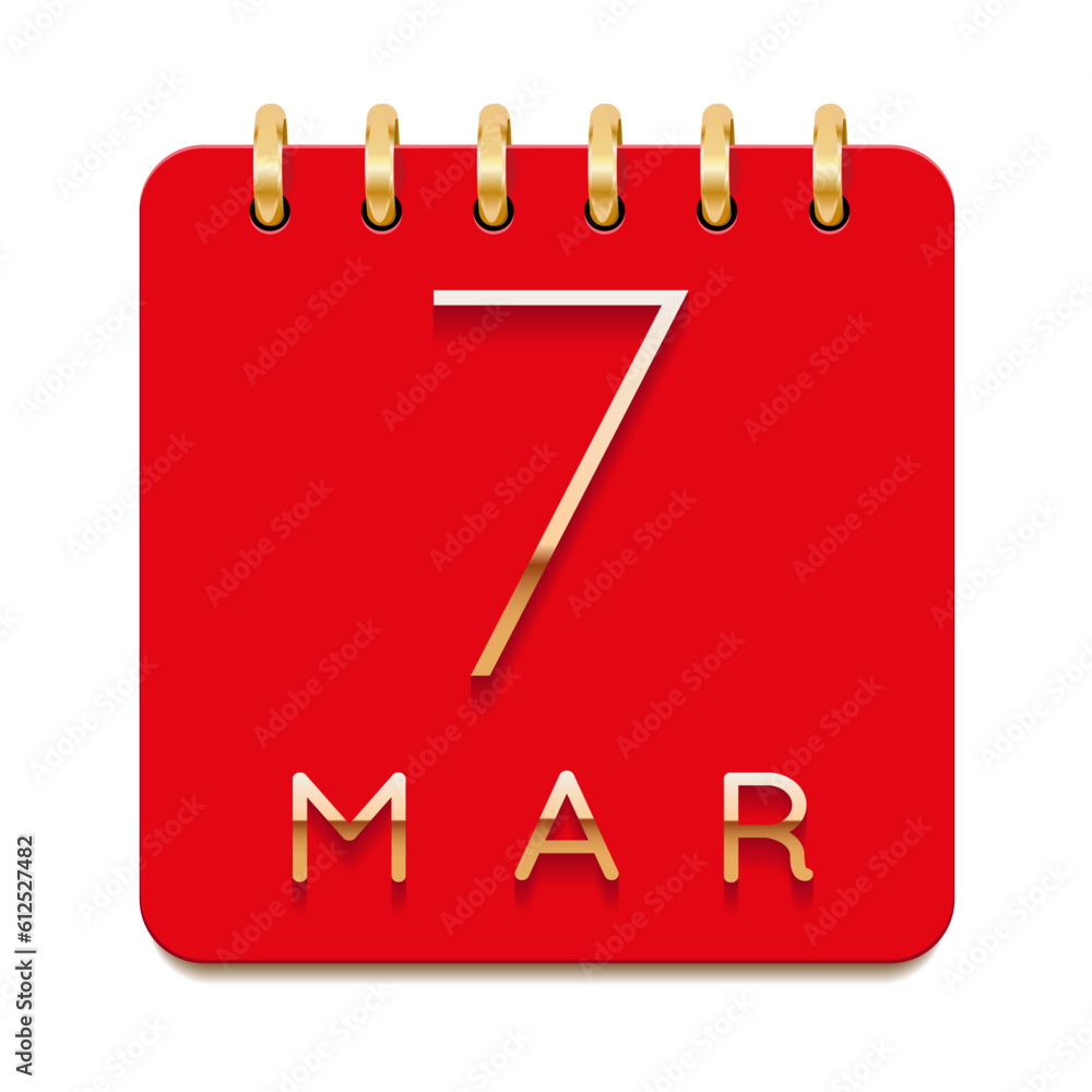 7 day of the month. March. Luxury calendar daily icon. Date day week Sunday, Monday, Tuesday, Wednesday, Thursday, Friday, Saturday. Gold text. Red paper. Vector illustration. 7 day of the month. March. Luxury calendar daily icon. Date day week Sunday, Monday, Tuesday, Wednesday, Thursday, Friday, Saturday. Gold text. Red paper. Vector illustration.
