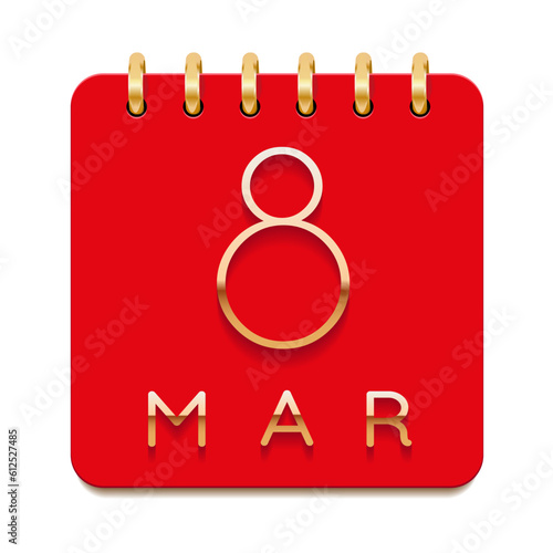 8 day of the month. March. Luxury calendar daily icon. Date day week Sunday, Monday, Tuesday, Wednesday, Thursday, Friday, Saturday. Gold text. Red paper. Vector illustration.