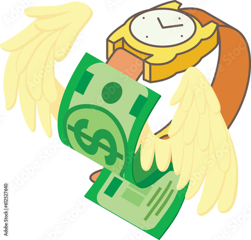 Money management icon isometric vector. Wristwatch and dollar banknote with wing. Cash management, finance concept