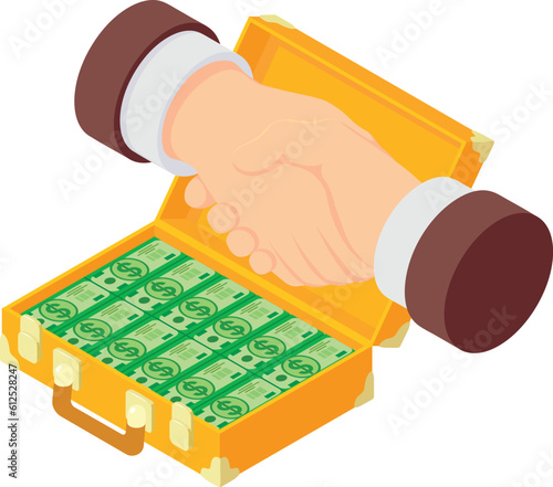 Deal concept icon isometric vector. Handshake on open money suitcase background. Cooperation, deal, finance
