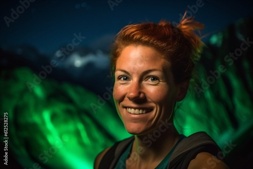 smiling woman with pinned up natural red hair created with Generative AI technology © StockMedia