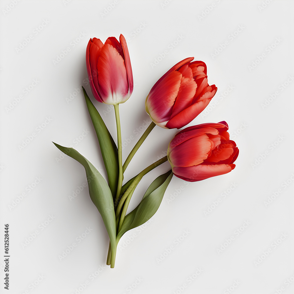 Bouquet of red tulip tulips flower plant with leaves isolated on white background. 3D rendering. Flat lay, top view. macro closeup
Bouquet of red tulip tulips flower plant with leaves isolated on white background. 3D rendering. Flat lay, top view. macro closeup