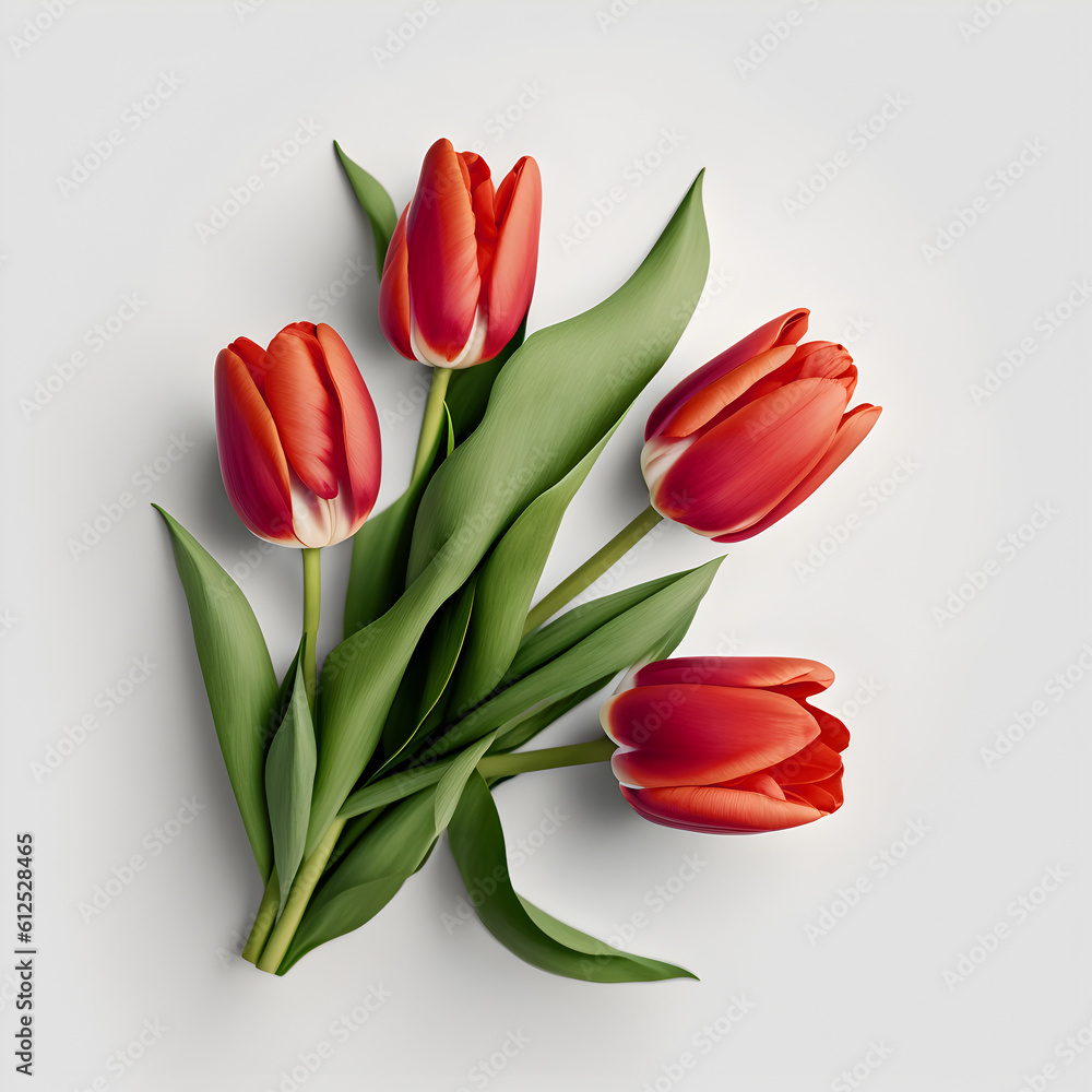Bouquet of red tulip tulips flower plant with leaves isolated on white background. 3D rendering. Flat lay, top view. macro closeup
Bouquet of red tulip tulips flower plant with leaves isolated on white background. 3D rendering. Flat lay, top view. macro closeup