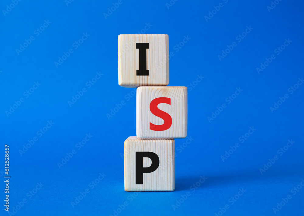 ISP - Internet Service Provider symbol. Concept word ISP on wooden cubes. Beautiful blue background. Business and ISP concept. Copy space. ISP - Internet Service Provider symbol. Concept word ISP on wooden cubes. Beautiful blue background. Business and ISP concept. Copy space.