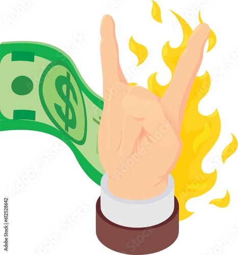 Inflation concept icon isometric vector. Human hand and burning dollar banknote. Money devaluation, loss, inflation