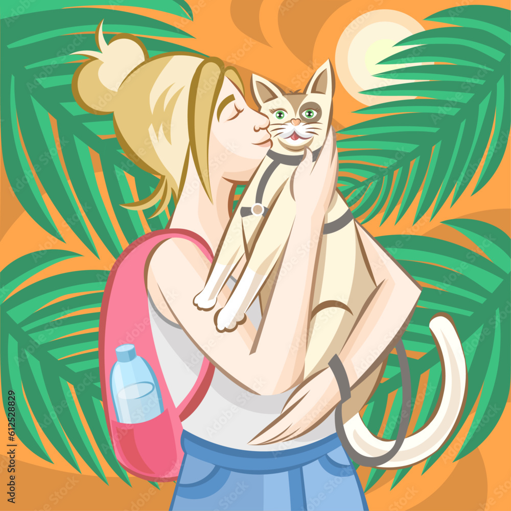 Blonde girl with pink backpack petting blonde cat in grey pet leash during outside walking in tropical landscape with palms leaves and sunset sky - vector illustration