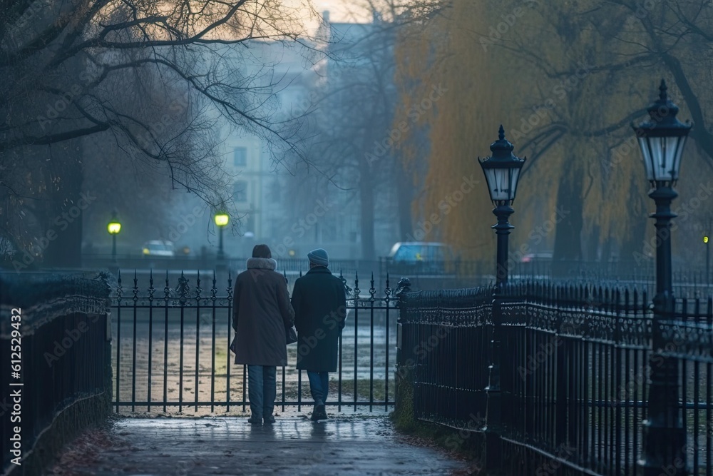 two individuals strolling down a rainy sidewalk under an umbrella. Generative AI