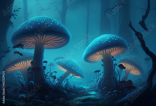 Magic glowing mushrooms in the forest. AI Generated