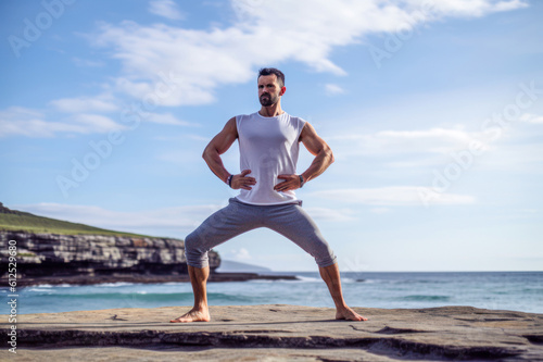 Athletic man in stretching exercise yoga pose by the sea shore, outdoor. Generative AI