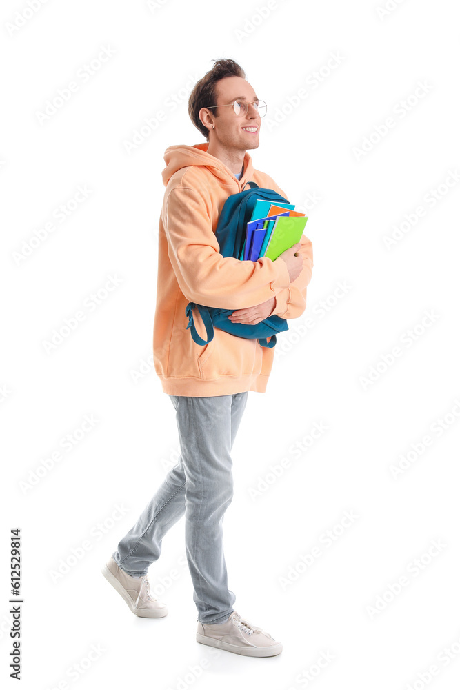 Male student with backpack on white background