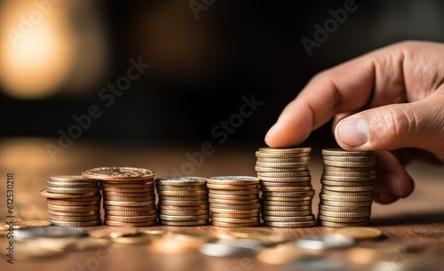 person putting money coins into stack of coin on wooden table
