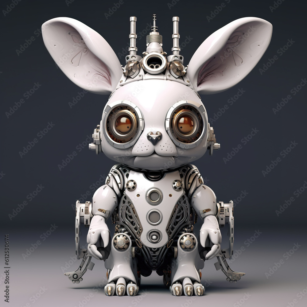 A white robot bunny with big eyes and a chain around its neck. Generative AI. A white robot bunny with big eyes and a chain around its neck. Generative AI.