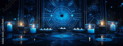 Horizontal banner with astrology symbols on dark background. Generative AI
