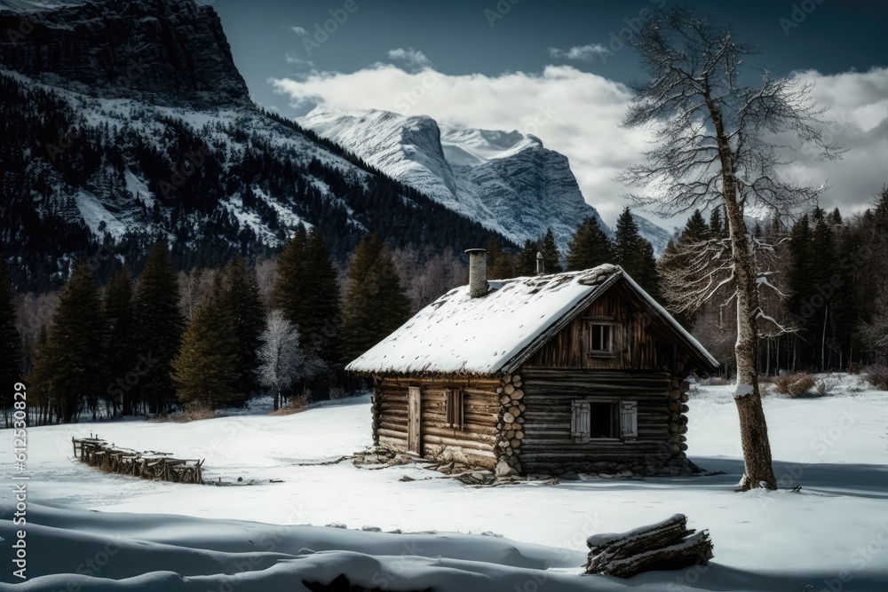 cozy log cabin nestled in a winter wonderland with majestic mountains in the background. Generative AI cozy log cabin nestled in a winter wonderland with majestic mountains in the background. Generative AI