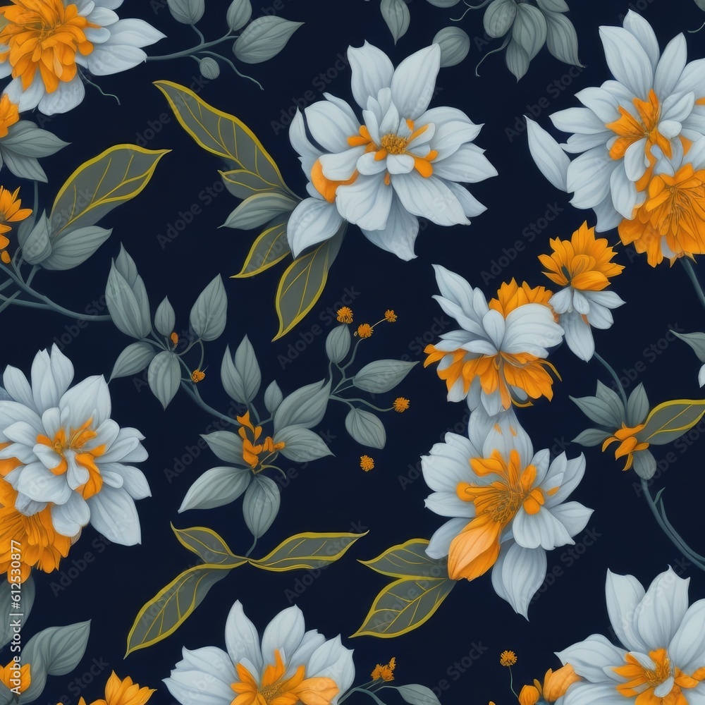 Orange jasmine flower pattern on the navy background.
