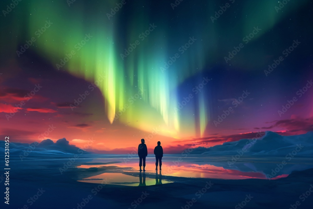 outlines of two people look at the northern lights in the sky created with Generative AI technology