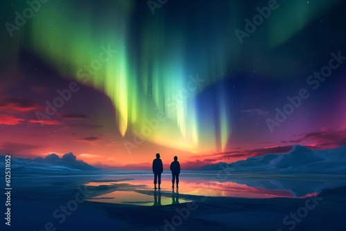 outlines of two people look at the northern lights in the sky created with Generative AI technology © StockMedia