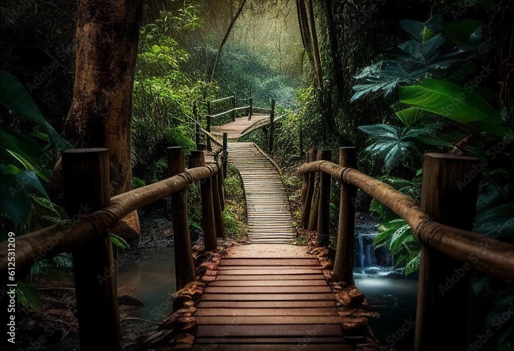Wooden bridge in the jungle. AI Generated Wooden bridge in the jungle. AI Generated