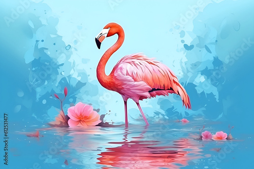 Pink flamingos illustration standing in the turquoise sea water under the blue sky with clouds on a sunny day  AI generative content.