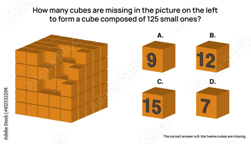 IQ abstract logical reasoning question. How many cubes are missing in the picture on the left to form a large cube composed of 125 small ones?