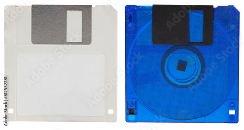 Two different floppy disks for storing computer data on an isolated background. photo
