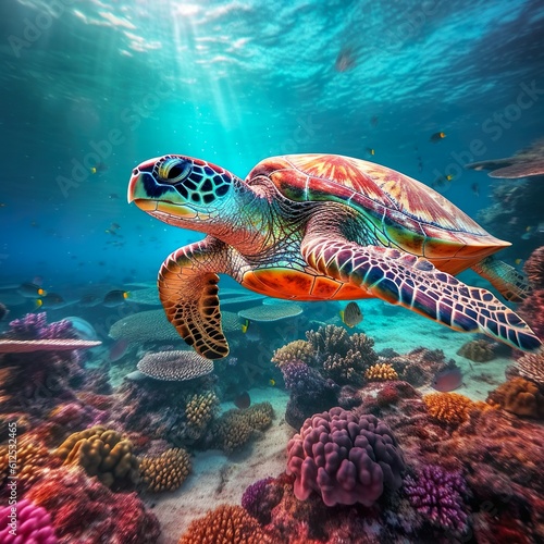 Sea turtle underwater photography portrait. Clear ocean water diving holiday coral reef swimming snorkeling photo, photo of Sea turtle in the Galapagos island, © Williams