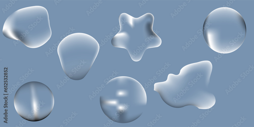 A set of transparent droplets of different shapes on a blue background. Vector graphics with isolated layers A set of transparent droplets of different shapes on a blue background. Vector graphics with isolated layers