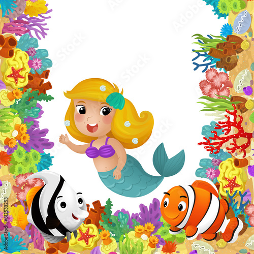 cartoon scene with coral reef and happy fishes swimming near mermaid princess isolated illustration for children © honeyflavour