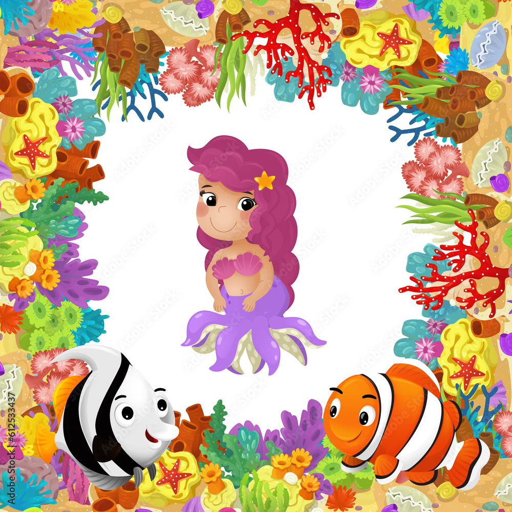 Fototapeta premium cartoon scene with coral reef and happy fishes swimming near mermaid princess isolated illustration for children