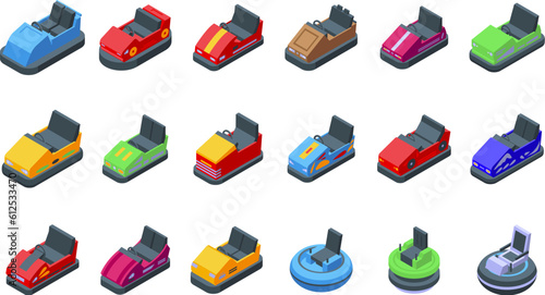 Bumper cars attraction icons set isometric vector. Park game. Carnival fun