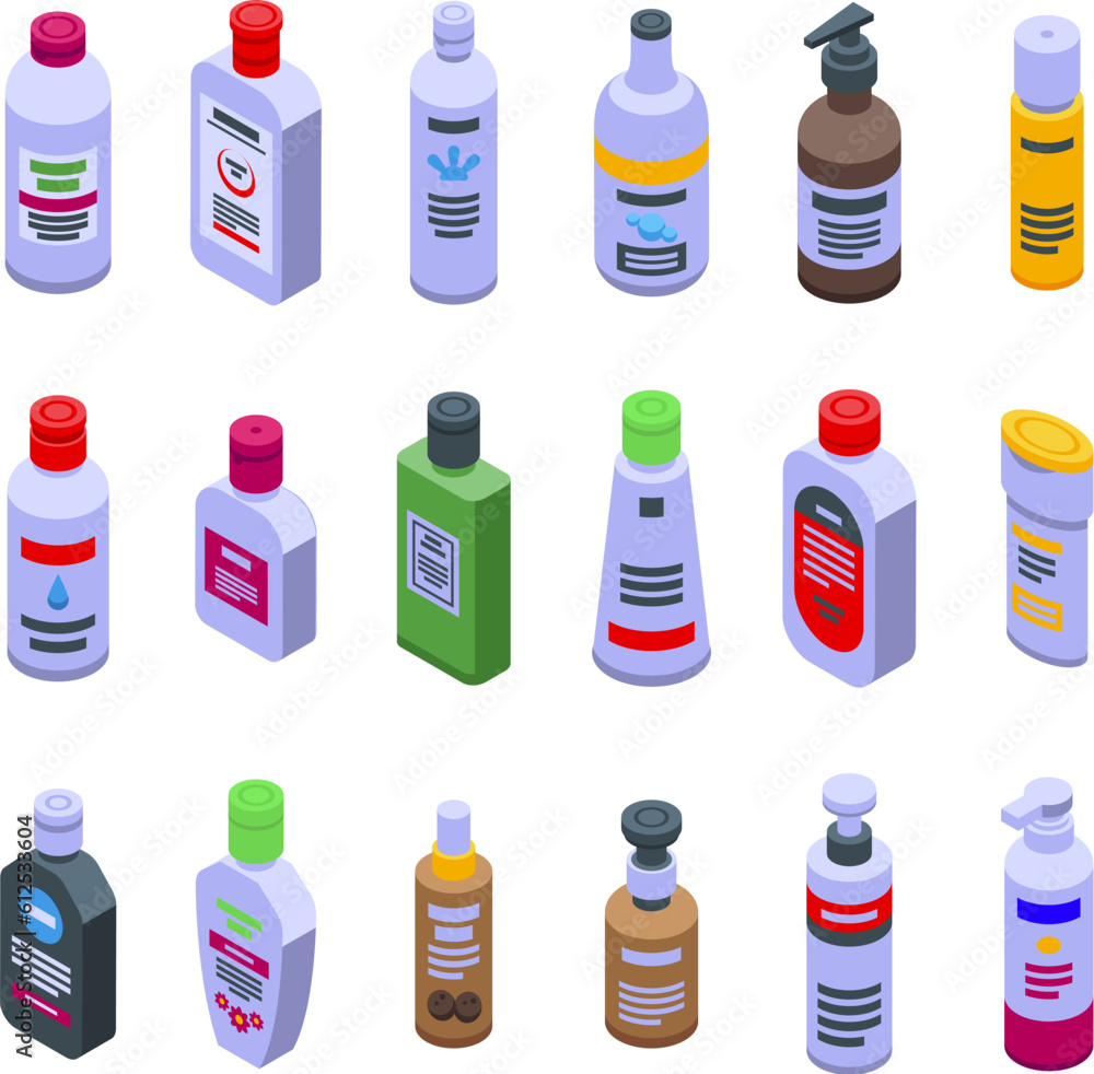 Micellar water icons set isometric vector. Beauty makeup. Cap serum Micellar water icons set isometric vector. Beauty makeup. Cap serum