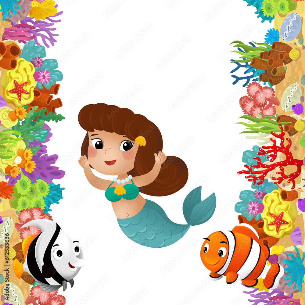 Naklejka premium cartoon scene with coral reef and happy fishes swimming near mermaid princess isolated illustration for children