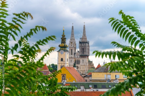 Cathedral church panorama with a cloudy sky on the background in Zagreb
