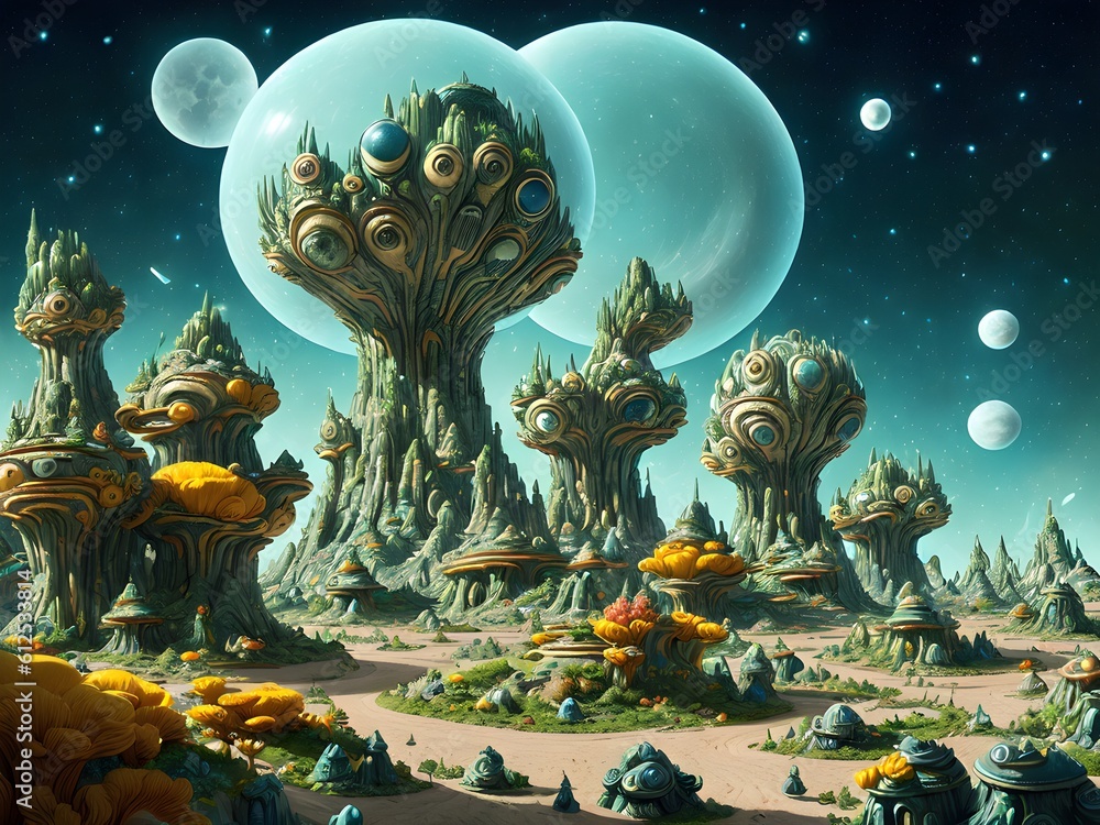 Amazing landscape of alien planet, Generative AI Illustration