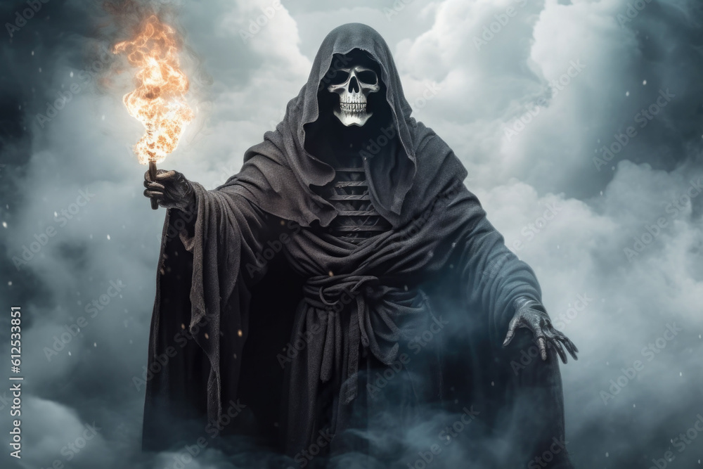 Grim reaper emerging from smoke. Horror and Halloween concept. Generative AI Grim reaper emerging from smoke. Horror and Halloween concept. Generative AI