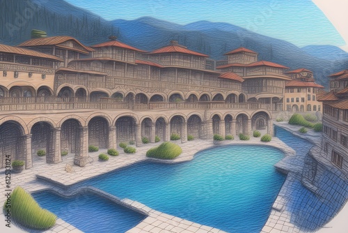 Ancient Spa Town, Colored Pencil, Generative AI Illustration