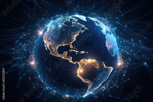 Fototapeta Naklejka Na Ścianę i Meble -  Global network connection covering the earth with lines of innovative perceptron. Generative AI