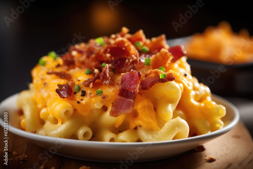 Appetizing mac and cheese in bowl with bacon on top baked in oven. Generative AI