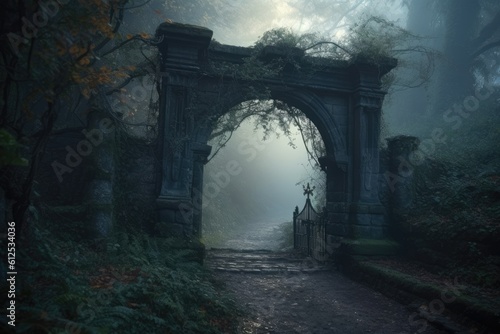 an ancient stone archway set amidst a dense and eerie forest. Generative AI