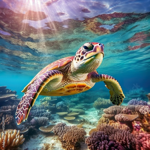 photo of Sea turtle in the Galapagos island. Tropical beach background underwater animal, photo of Sea turtle in the Galapagos island. Tropical beach background underwater animal